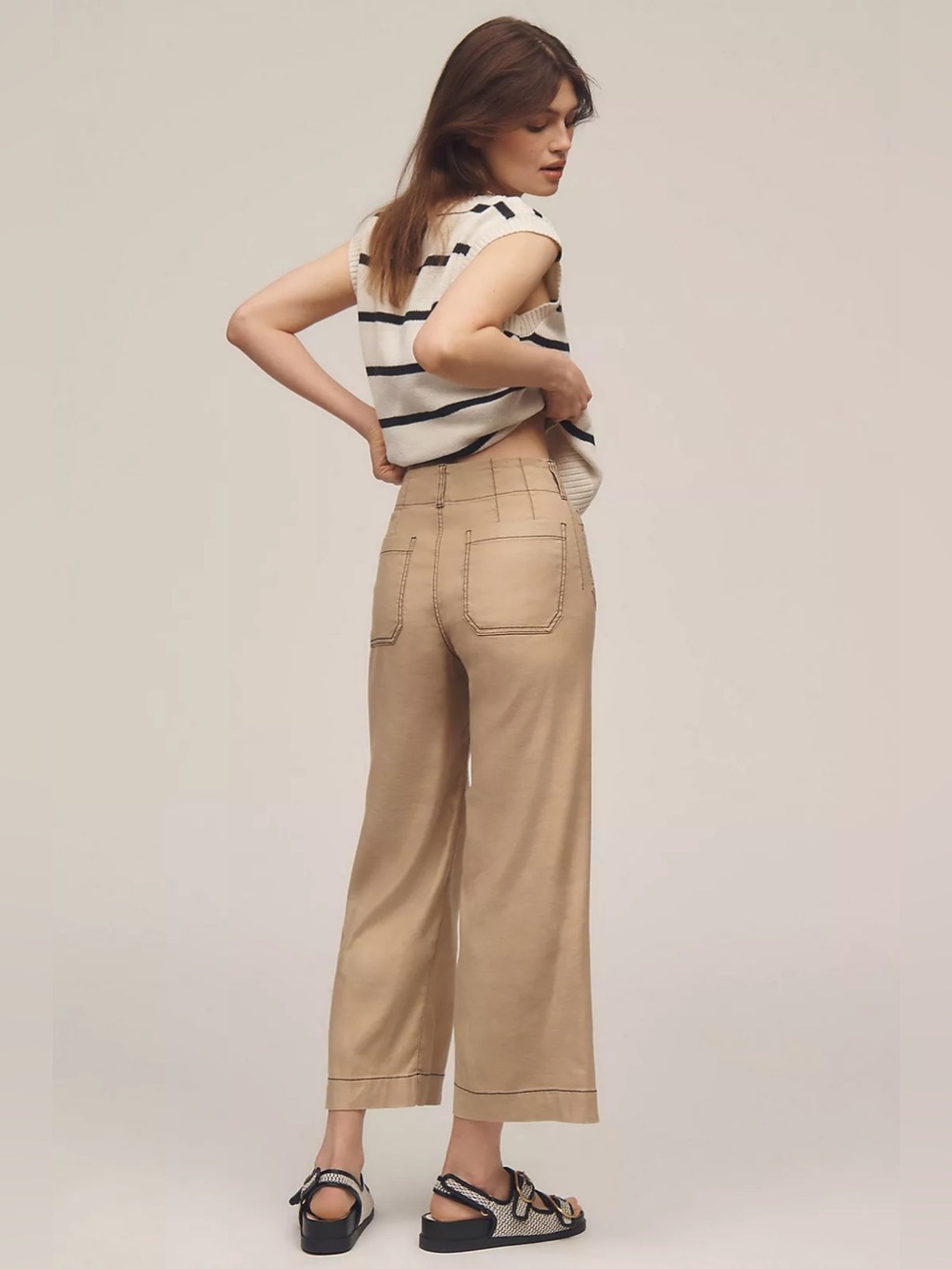 Anthropologie Maeve The Colette Cropped Wide-Leg Pants Contrast-Stitch Linen 31 - Picture 3 of 11